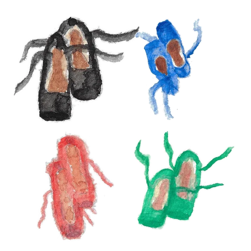 Sapatilhas de balé em aquarela, de cores, tamanhos e formas diferentes.