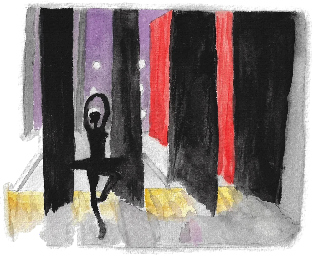 Lateral do palco em aquarela, vista da coxia, com cortina, luzes e a sombra de uma bailarina.