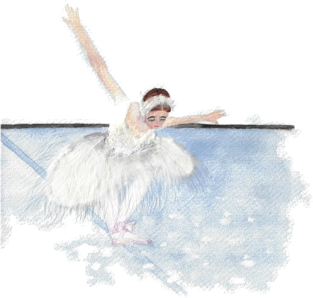 Bailarina em aquarela fazendo a reverência de agradecimento.