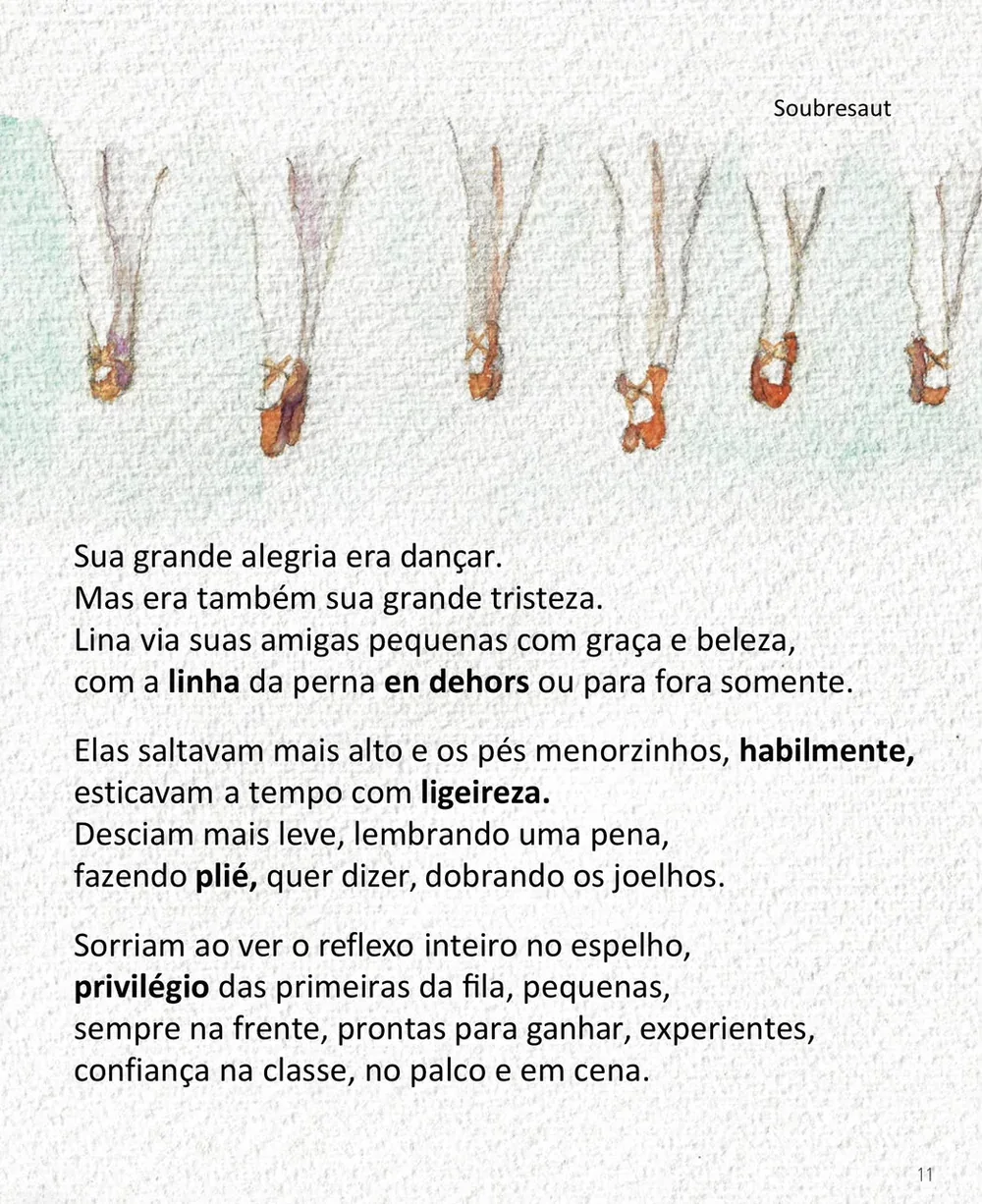 Página do livro com pés de bailarinas em aquarela fazendo o passo soubresaut, versos e palavras do glossário em negrito.